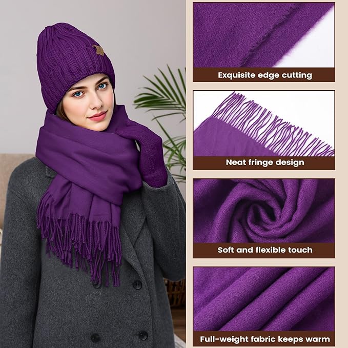 Women Winter Hat Beanie+Long Scarf+Touch Screen Gloves Set, Warm Clothes Set with Knit Fleece Lined for Women/Men Winter