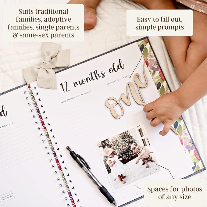 Peachly Baby Memory Book For Girls, First Year Baby Book Keepsake for Milestones, Linen Baby Keepsake Book First Year Memory Book (Botanica)