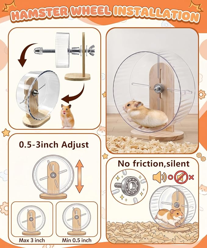 Hamster Cage Accessories, Rat Guinea Pig Chew Toys Ball Set | Silent Wheel, Maze Wood House and Water Bottle, Habitat Hideout Natural Molar Tools for Hamster, Guinea Pig, Bunny, Rabbit