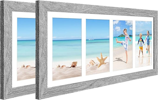 7x17 Collage frame with 4 Openings 4X6 Pictures, Multiple Picture Frame with Mat, Wall or Tabletop Decor, Grey Wood Grain,2 Pack