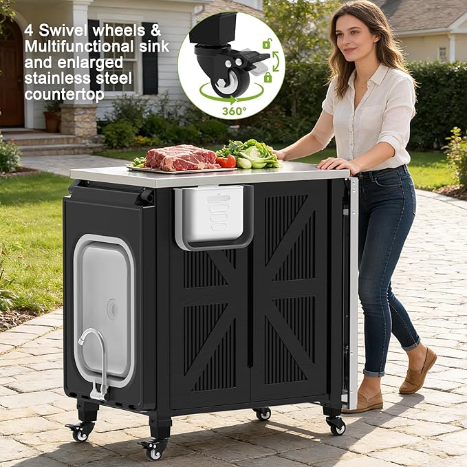 Outdoor Grill Cart with Storage Cabinet, 3-in-1 Movable Kitchen Island with Stainless Steel Tabletop, 4 Swivel Wheels, Foldable Sink Rolling Bar Table Cart BBQ Food Prep Station for Patio, Black