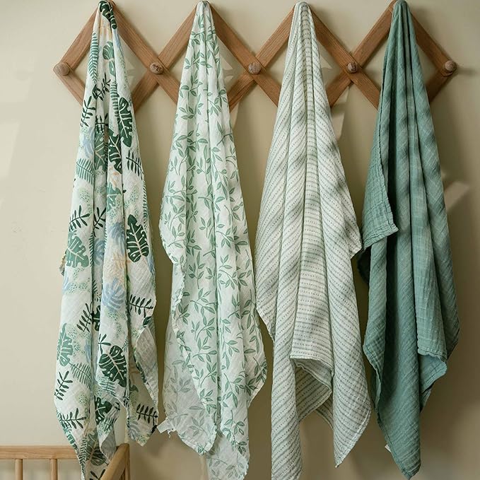 Muslin Swaddle Blankets for Newborn, 4 Pack Organic Cotton Baby Blankets Neutral, Large 31.5 x 43.3 Breathable Soft Receiving Blanket, Essentials Swaddle Wrap Burping Clothes, Sage Green