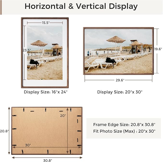 Heimlove 20x30 Picture Frames Natural Walnut,Original Wood Hand Make Crafted Poster Frame with Mat to 16x24 Graduation Picture Display,Family Picture,Wedding Picture,Photo,Document Wall Decoration