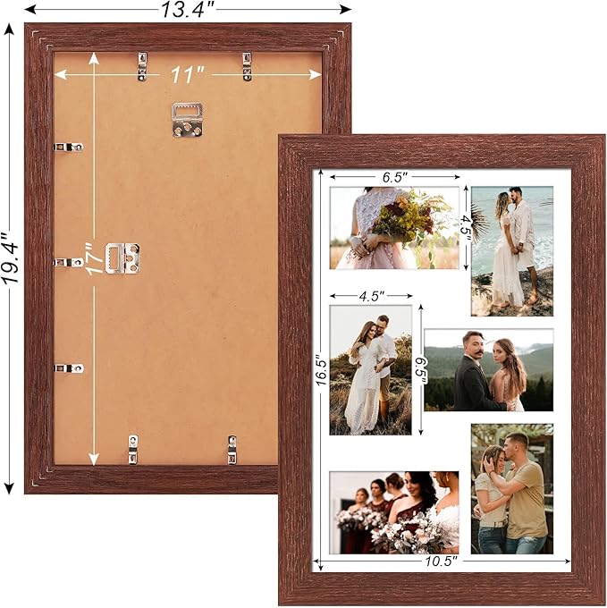 11x17 Picture Frame Display 6 picture frame collage 4x6,Multi Photo Frame with Mat,Plexiglass,Wall Mount Decor,Walnut Wood Grain