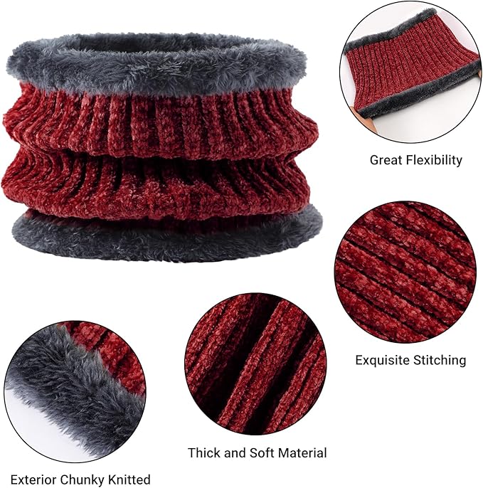 Winter Beanie Hat Circle Scarf Gloves Set for Men Women, Thick Warm Chenille Skull Cap Touchscreen Gloves Neck Warmer
