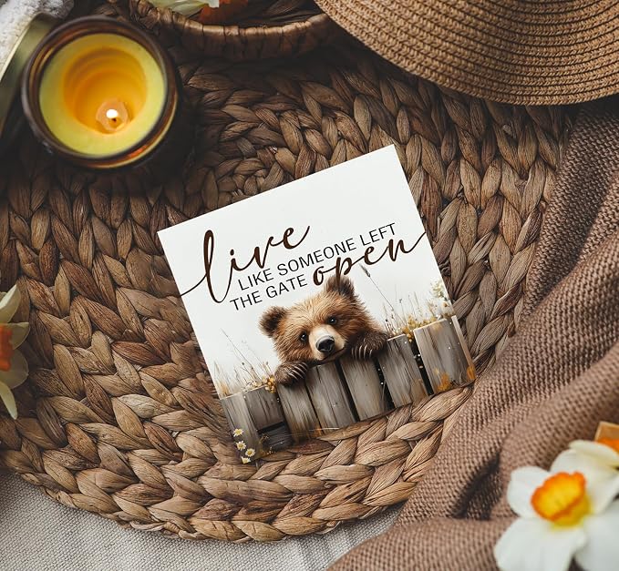 Rustic Bear Sign - Live Like Someone Left The Gate Open Wooden Box Signs, Bear Decorations For Home, Farmhouse Wood Decoration Home Decor For Desk Table Shelf 5x5 Inch