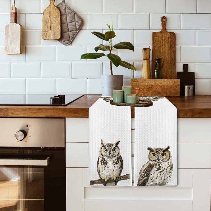 Funny Fall Owl Kitchen Towels and Dishcloths Sets of 2, Owl Home Decor Gifts for Women, Woodsy Rustic Cabin Lodge Forest Nursery Decor Dish Hand Tea Towels for Home Bathroom Kitchen,16x24Inch