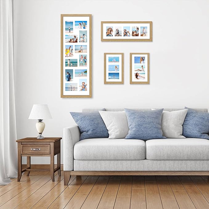 8x24 Picture Frame 2 Pack, Natural Oak Wood Frame with Tempered Glass, Display Pictures Multiple Five 4x6 With Mat or 8 x 24 Without Mat - Horizontal or Vertical Wall Mounting