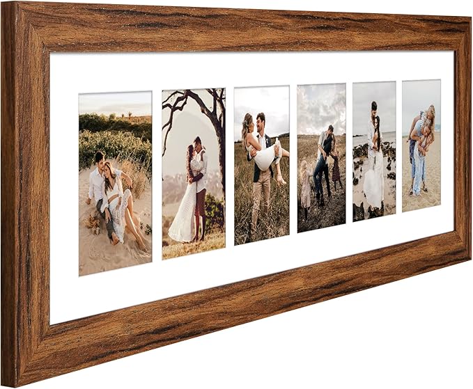 8x26 Picture Frame Display 6 opening 4X6 Picture Frame Collage,Multi Photo Frame with Mat,Plexiglass,Wall or Tabletop Decor,Carbonized Brown Wood Grain