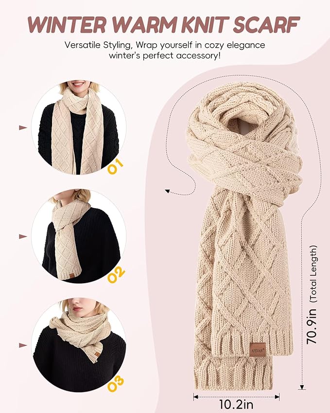 Womens Winter Hat Gloves Scarf Headband Set, Pom Pom Beanie Long Scarf Touchscreen Gloves Ear Warmer, 4 in 1 Warm Gift Set