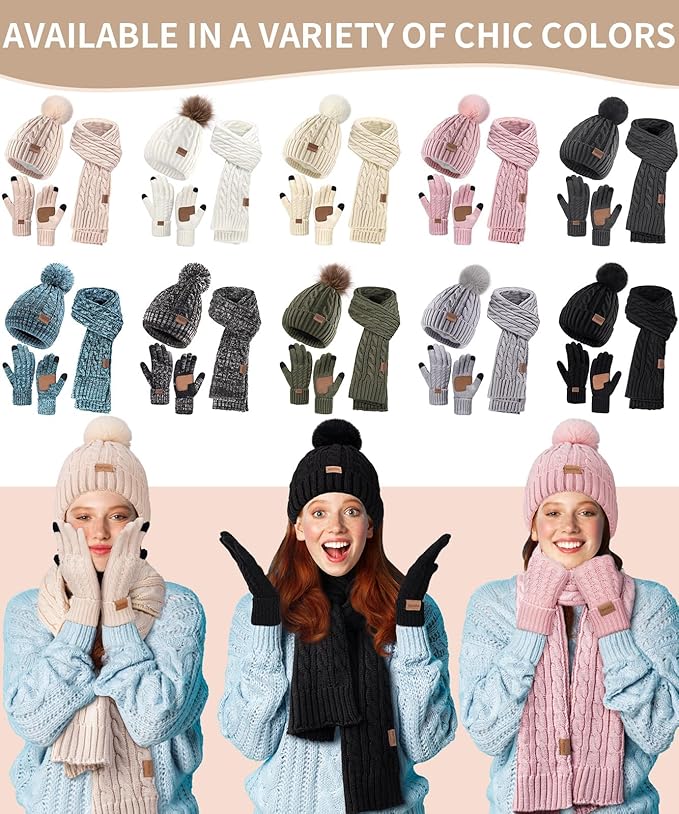 Remifa Winter Hat Scarf Gloves Set for Women, 3 PCS Beanie Hat Touchscreen Glove Long Neck Kint Scarf Valentines Gifts