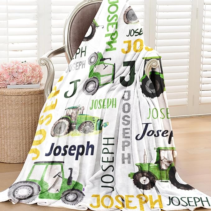 Custom Tractor Blanket with Name for Boys Girls Kids, Personalized Name Blanket Trucks, Soft Flannel Blankets Customized Gift for Children Day Birthday Christmas-40 x50