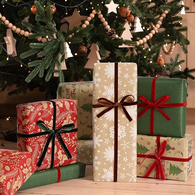 YANGTE Vintage Christmas Wrapping Paper Rolls, Brown Kraft Wrapping Paper Christmas Rolls with Red, Green and White Pattern, 4 Rolls Holiday Gift Wrapping Paper Rolls, 17in x 120in per Roll