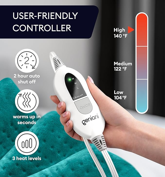 GENIANI Electric Heating Pad for Back Pain & Cramps Relief, Electric Throw, Auto Shut Off, Machine Washable, Moist Heat Pad for Neck & Shoulder, 12x24 Viridian Green