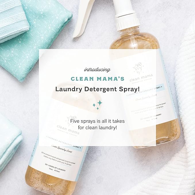 Clean Mama Laundry Detergent Spray & Pre-Treater - Natural Laundry Detergent Soap for Sensitive Skin - Eco-Friendly, HE Compatible - Clean Laundry Scent - 32+ Loads of Laundry, 16 oz