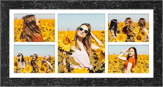 11x23 Picture Frame Display 5 opening 5x7 and 8x10 Picture Frame Collage,Multi Photo Frame with Mat,Plexiglass,Horizontal and Vertical Formats for Wall Decor,Black Wood Grain