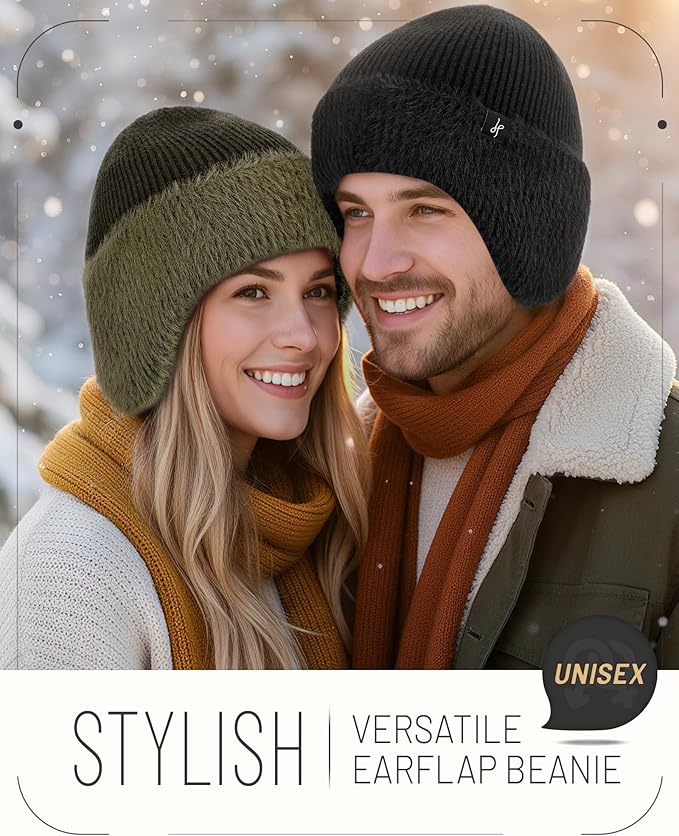 Winter Fleece-Lined Beanie with Earflaps, Warm Windproof Unisex Beanie Hat for Skiing, Hiking & Outdoor Winter Sports