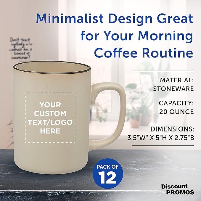 Custom El Grande Matte Ceramic Mugs 20 oz. Set of 12, Personalized Bulk Pack - Perfect for Tea, Espresso, Cappuccino, Hot Cocoa - Beige
