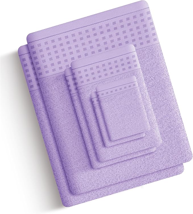 GLAMBURG Towels for Bathroom, 100% Cotton Towel Set, Contains 8 Soft Bath Towel, 8 Hand Towels, 8 Wash Cloths - Compact Absorbent Lightweight & Quickdry - 24 Piece Bathroom Towel Set - Purple