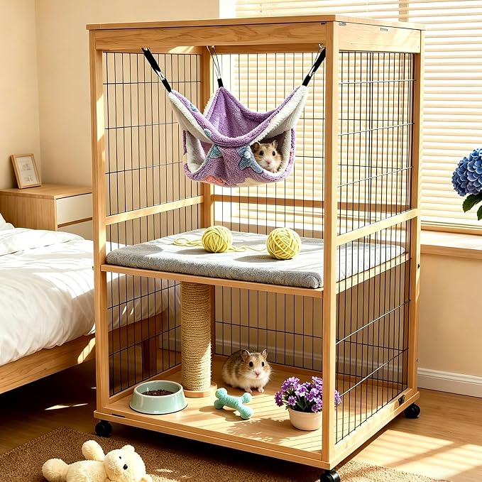 Guinea Pig & Ferret Hammock for Cage - Machine Washable Double-Decker Hanging Bed - Fits Sugar Glider,Fancy Rat,Hamster,Gerbil - 13.3" x 13.3" - Romantic Purple