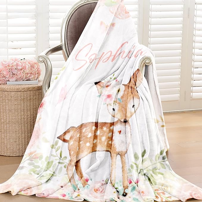 Personalized Deer Blanket with Name for Girl, Custom Name Blanket for Teen, Soft Flannel Deer Blankets Customized Gift for Birthday 50"x60"