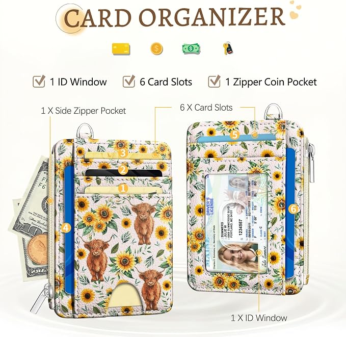Kelvoris Credit Card Holder Small Wallet Women, Slim RFID, Highland Cow | Keychain, Zipper Coin Pocket, Front Pocket Thin Travel Card Case, Minimalist, 6 Card Slots, 1 ID Window, Ladies Gifts Woman