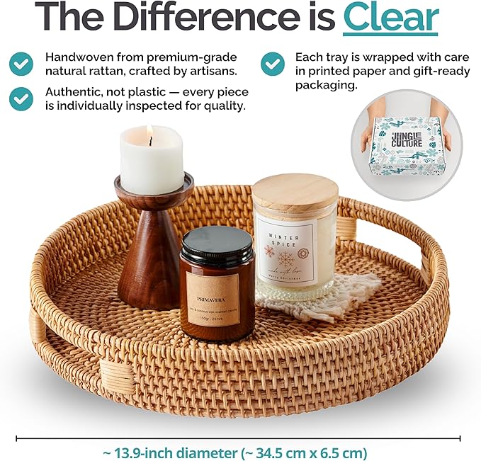 JUNGLE CULTURE Large Rattan Serving Tray 14" in Natural Honey • Round Table Basket • Wicker Ottoman Trays with Handles for Coffee Table, Bed Side or Couch • Flat Circle Woven Tray • Boho Farmhouse