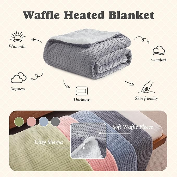 Heated Blanket Waffle Throw Size Fast Warming Heating Electric Throw Blanket with 6 Heat Settings & 4 Hours Auto-Off, Ideal Gift for Her, 50"x60",Grey