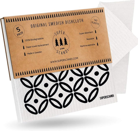 SUPERSCANDI 5 Pack Swedish Dishcloths for Kitchen - 100% Biodegradable & Compostable Reusable Paper Towels Washable, Food-Safe & Without Plastic - Dish Rags for Any Surface, Artdeco Black on White