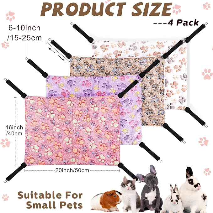 Geelin 4 Pcs Cat Hammock Hanging for Cage Bed, Paw, 16 x 20 Inch | Reversible Soft Pet Sleeping Hammocks with Adjustable Strap, Metal Hook, for Cat, Ferret, Puppy, Rabbit, Kitten, Small Animal