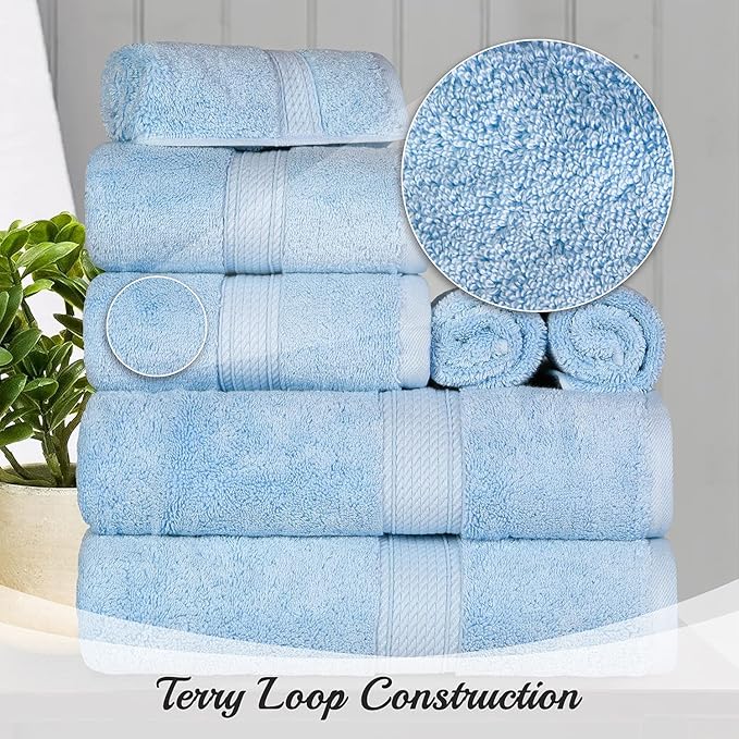 BLUENILEMILLS Madison Egyptian Cotton Towels, Towel Set for Bathroom, Shower, Hotel, Plush, 900 GSM, Highly Absorbent and Ultra-Soft Towels, Bath Essentials, 8 Piece Assorted Towel Set, Light Blue
