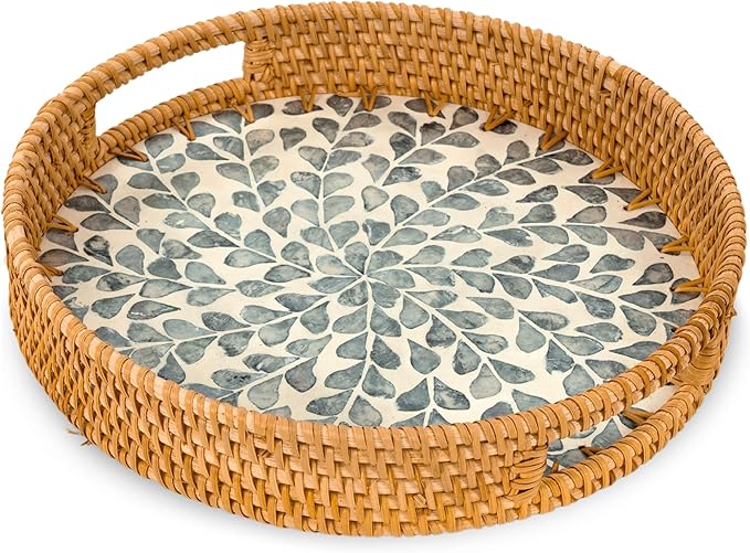 KOLWOVEN Round Rattan Tray with Handle, Rattan Serving Tray with Mother of Pearl Inlay Wooden Base (White- Black Leaves)