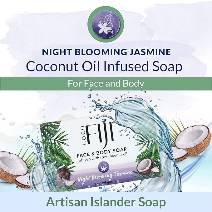"Coco Fiji Soap Bar for Face and Body Infused With Organic Coconut Oil, Night Blooming Jasmine Essential Oil, Natural Soap for Moisturizing & Pore Purifying Skin, 7 oz, Pack Of 2 "