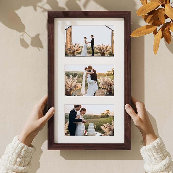 Vittanly 8x14 Picture Frames Collage Wall Decor, Displays 3Pcs 4x6 Pictures with Mat or 1Pcs 8x14 without Mat, Collage Picture Frame for Horizontal or Vertical Display, Brown, 1 Pack
