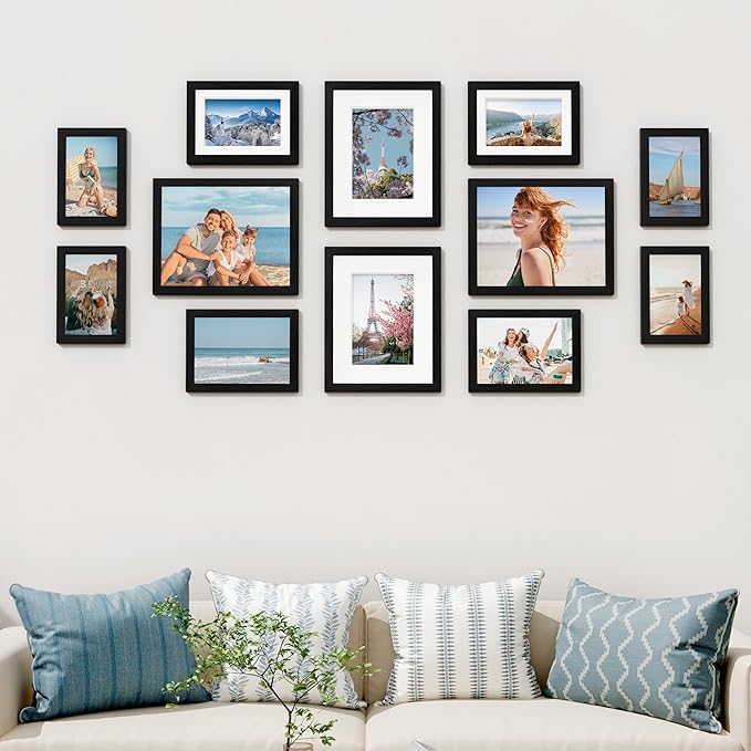 Vittanly 12 Pack Picture Frames Collage Wall Decor for Mounting or Tabletop Display, Gallery Wall Frame Set for Family, Multi Sizes Including 4pcs 8x10, 4pcs 5x7, 4pcs 4x6, Black