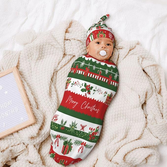Christmas Baby Swaddle Blanket and Hat Set for Newborn Boys Girls Soft Infant Wrap Sleep 0-6 Months Happy Xmas