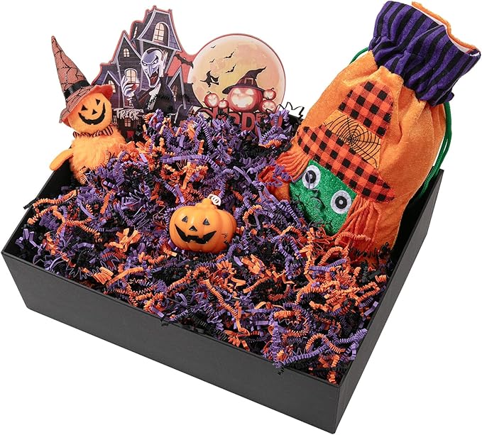 Mefleet 1/2 LB Halloween Crinkle Cut Paper Shred Filler 8 oz Orange & Purple & Black Crinkle Shredded Paper for Boo Basket - Gift Box Bag Filler - Grass Cushion Stuffing for Halloween Wrapping