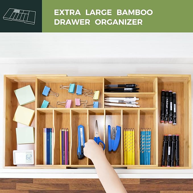 VaeFae Extra Large Kitchen Utensil Holder, Bamboo Silverware Drawer Organizer, Expandable Cutlery Organizer with Knife Block, Multifunctional Wooden Drawer Divider (10-12 compartments)