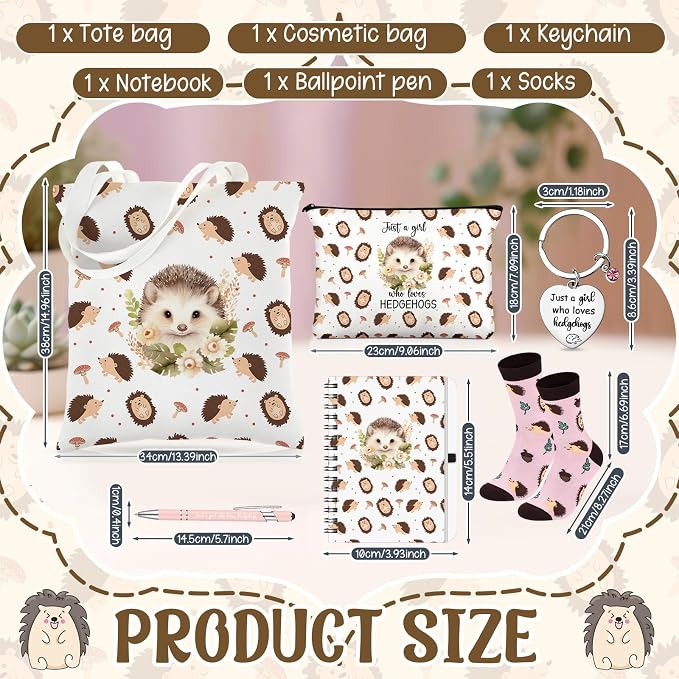 Talltalk 6 Pcs Hedgehog Gifts for Women Hedgehog Lover Gift Set, Socks Canvas Bag Makeup Bag Spiral Notebook Ballpoint Pen and Stainless Steel Keychain for Christmas Birthday Graduation Thanksgiving