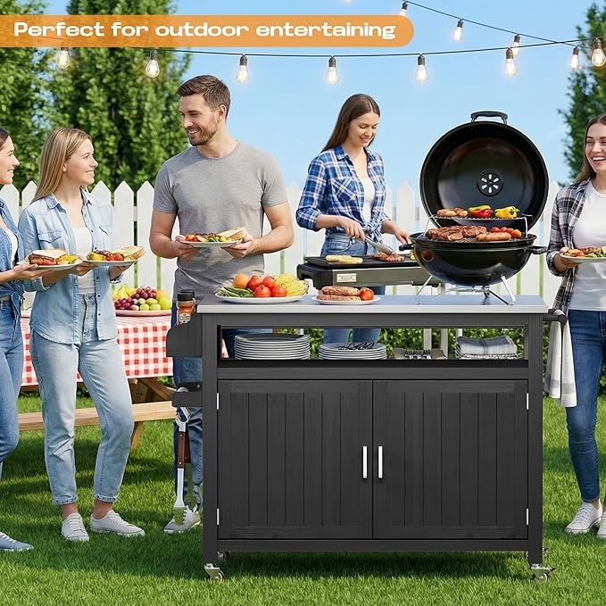 FUQARHY 43.3-Inch Outdoor Kitchen Island with Storage Cabinet and Stainless Steel Top, Solid Wood Prep Station Grill Table with Lockable Wheels for Patio, Backyard, Party (Black)