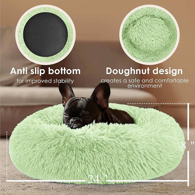 Dogs Bed for Small Dogs, Anti-Anxiety Washable Round Bed (Green, 24.0" L x 24.0" W x 8.0" Th)