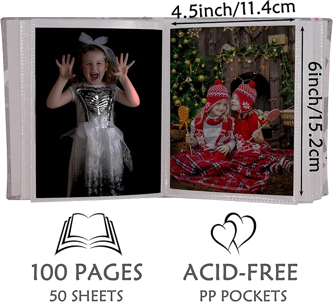 Small Photo Album for Kids, 100 Pockets 4x6 Bookshelf Baby Picture Album, Slip-in Linen Cover Photo Book for Family(Bunny)