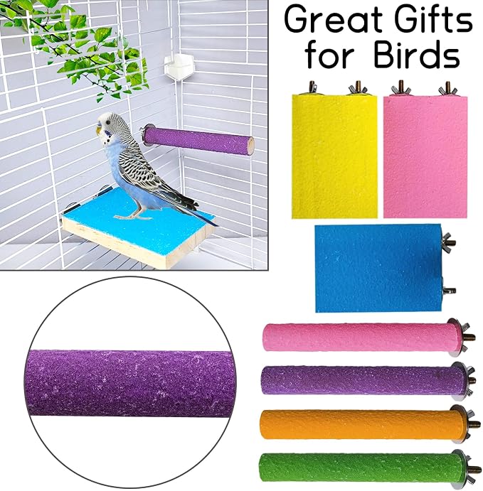7PCS Bird Perch Stand Platform Natural Wood Parakeet Toys Cage Accessories | Colorful Rough Quartz Sand Surface, Thickened Exercise Paw Grinding Stick for Budgies, Cockatiel, Lovebirds, Finch, Canary