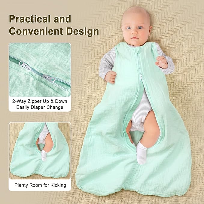 PHF 100% Muslin Cotton Baby Sleep Sacks, 12-18 Months Sleep Sack with 2-Way Zipper, 2 Pack Cooling Unisex 0.5 TOG Breathable Large Size Sleeveless Baby Wearable Blanket, Grey & Green