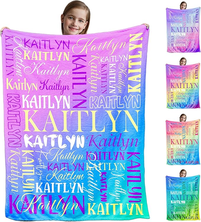 Personalized Blanket for Teen Boys Custom Blanket with Name for Kids Pink Green Gradient Pattern Customized Christmas Birthday Gifts for Kids Teen Adult