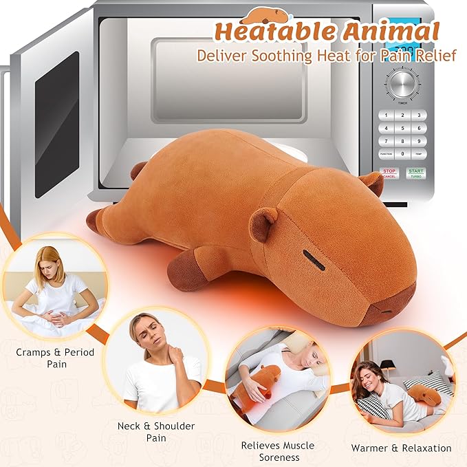 1.8lb Capybara Stuffed Animals Plush Microwavable Heating Pad-14'' Capybara Plush Heating Pads for Cramps &Period Pain Relief, Heatable & Coolable Stuffed Animals Bedtime Birthday Gift for Women Kids