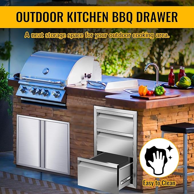 Outdoor Kitchen Drawers Stainless Steel 14W X 21H X 23D Inch, Flush Mount Triple BBQ Island Drawers with Hidden Handle for Outdoor Kitchens, Patio or Grill Station