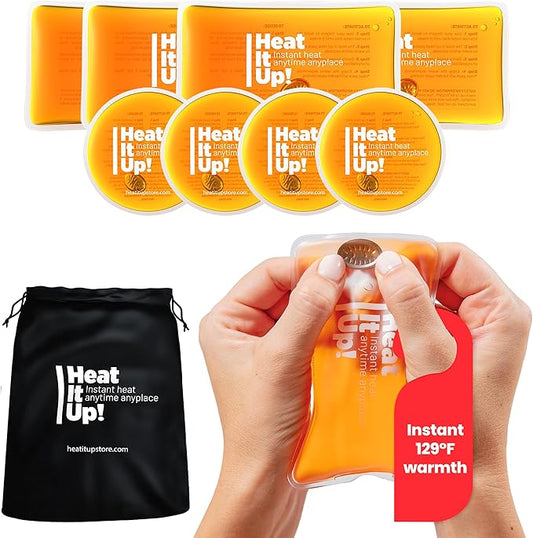 Reusable Hand Warmers – Heat It Up 8 Instant Snap Heat Packs for Hot Compress & Pain Relief – Pocket Size Reusable Heat Pack Set with Fabric Bag for Travel