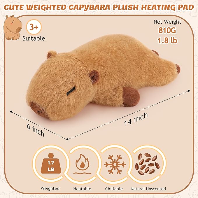 1.8lb Capybara Microwavable Heating Pad-14'' Cuddly Capybara Heating Pads for Cramps &Period Pain Relief for Women,Heatable & Coolable Stuffed Animals Bedtime Birthday Gift for Women Kids