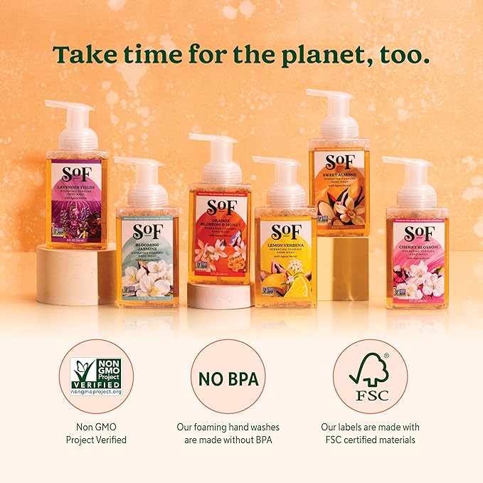 SoF Hydrating Foaming Hand Wash - With Organic Agave Nectar & Coconut Oil- Vegan & Non GMO- Free From Phthalates, Sulfates & Parabens- Orange Blossom & Honey - 8 oz Bottle 6 Pack